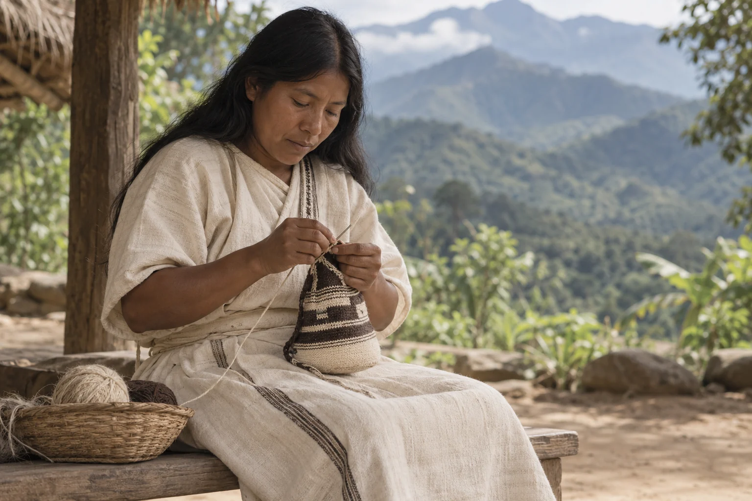 Escena ilustrativa generada con IA, inspirada en el tejido Arhuaco en la Sierra Nevada