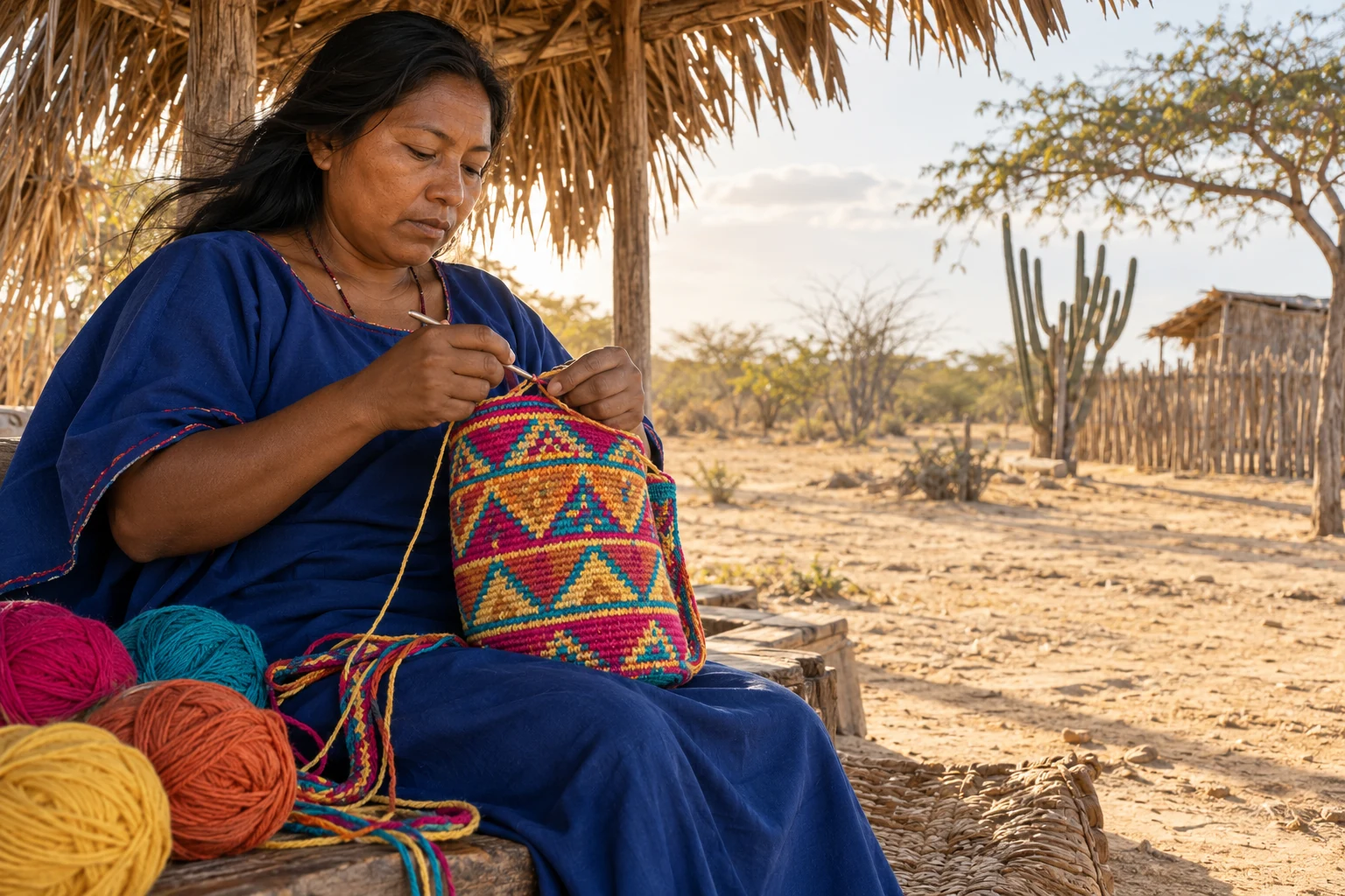 Ilustración editorial de una mujer Wayúu tejiendo una mochila colorida en La Guajira