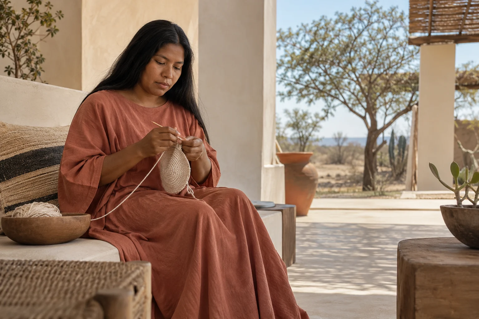 Escena ilustrativa generada con IA, inspirada en el tejido Wayúu en La Guajira